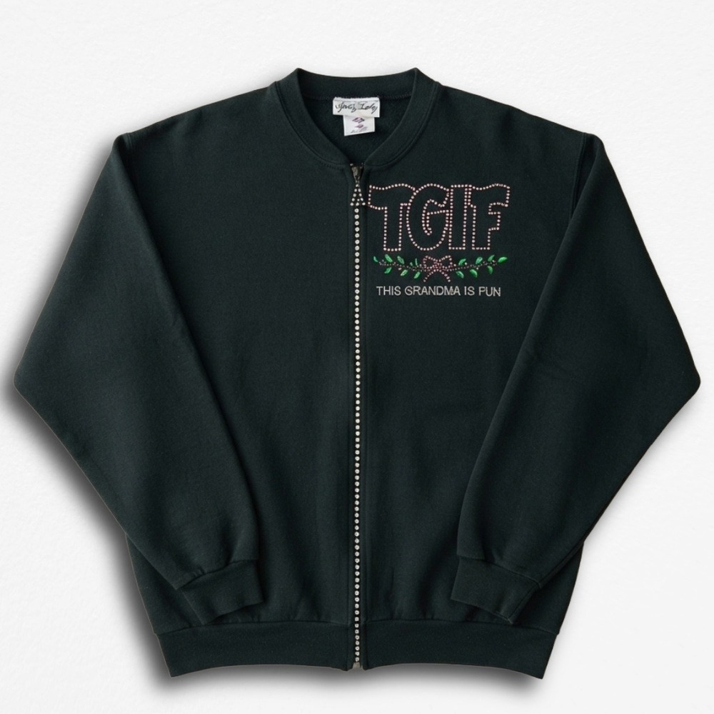 Get Lucky TGIF This Grandma Is Fun Rhinestone Zip Up Sweatshirt Black XL Vintage